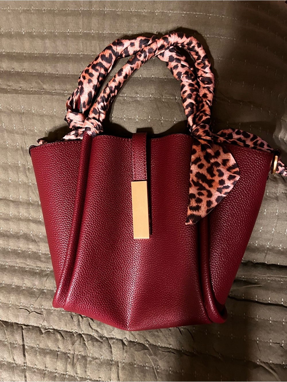 Women’s Burgundy Pebbled Tote with Leopard Scarf Accent
